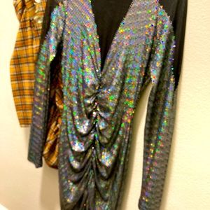 Ruched silver dress with fishnet sleeves. Size L, Tag on. 30 or best offer